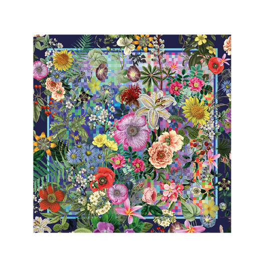 Foulard mit floralem und pixelartigem Muster, entworfen von Bernhard Duss.