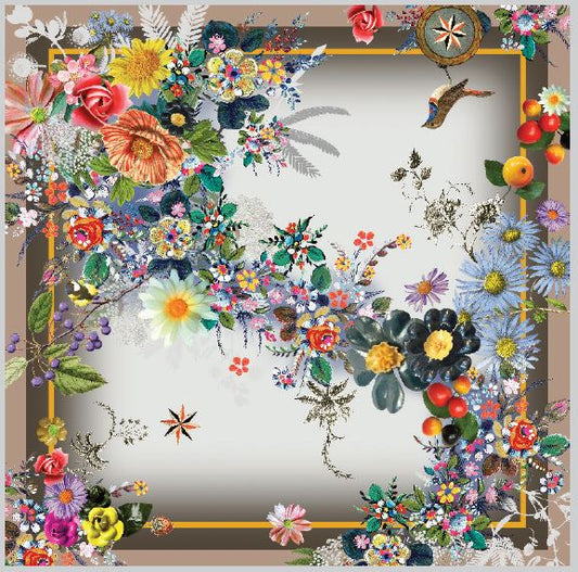 Foulard mit floralen Motiven und filigranen Details, gestaltet mit bunten Blumen, Blättern und einem eleganten Rahmen, ideal als stilvolles Accessoire.